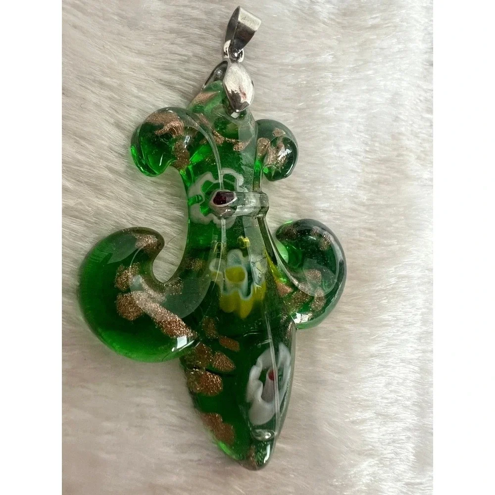 Venetian Glass Fleur De Lis Pendant Green Gold Foil Lampwork Signed CL 2.5